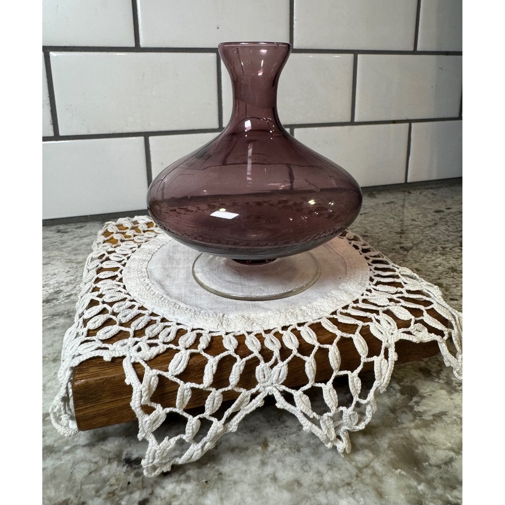 Amethyst Purple Hand Blown Glass Bud Vase Clear Pedestal Base MCM Style 5.25in